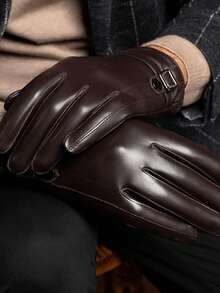 1 Pair Solid Color Casual PU Leather Men's Full Finger Touchscreen Gloves, Faux Sheepskin Faux Leather PU Gloves For Outdoor Sports Cycling, Windproof Waterproof Warm Autumn Outfits