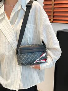 1 pezzo Borsa a tracolla casual da uomo con motivo geometrico stampato in PU nero liscio e zip, di design alla moda piccolo quadrato, borsa messenger con motivo a bocca di squalo aziendale