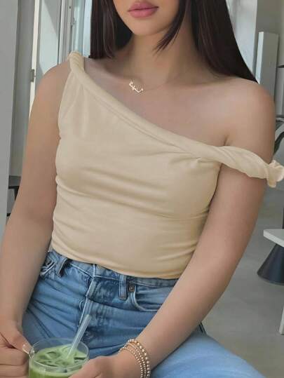 Women's Plain Color Asymmetric Twist Sleeveless Top, Casual Wear For Daily Outdoor, Suitable For Summer