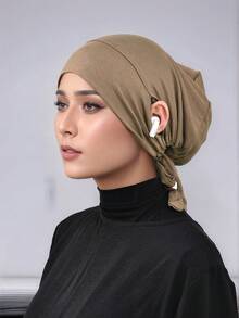 1pc Women Plain Color Earhole Hijab Cap, Lightweight Elastic Tied Headband Hijab Accessories, Hijab Cap, White Scarf, Head Scarf, Turban Scarf, Fashionable Minimalist Breathable Can Wear Headphones Small Cap Scarf For Women, Suitable For Daily Use Or As A Gift For Family And Friends - Multicolor - View 6