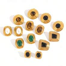 两件套法式复古18K金和不锈钢耳环，百搭高端，配虎眼石珍珠耳环 - 彩色 - 查看 5