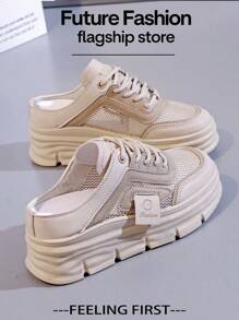 LISM 1 双女式网眼拼接一脚蹬穆勒凉鞋，厚底增高时尚百搭休闲鞋 - 卡其色 - 查看 3