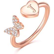 TUANZISP 1pc Elegant Copper Butterfly Heart Letter Ring, Adjustable Personalized Initial A-Z Rings, Fashionable & Casual Jewelry Gift For Women