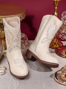 1 Pair Children's Flame Pattern, Sequin Trim, Faux Leather, Mid-Calf Zipper, Low Heel, Western Cowboy Style Boots, Suitable For Everyday/Party Wear - Beige - View 6