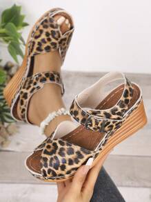1 Par de Sandálias Plataforma Anabela Estampadas de Leopardo Impermeáveis, Estilo Verão Novo, Versátil para Adolescentes Meninas