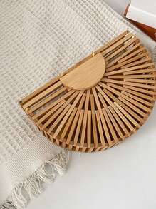Fashion Half Moon Wooden Shoulder Crossbody Bags For Women Bamboo Woven Summer Beach Straw Bag Rattan Small Phone Purse Mini Bag