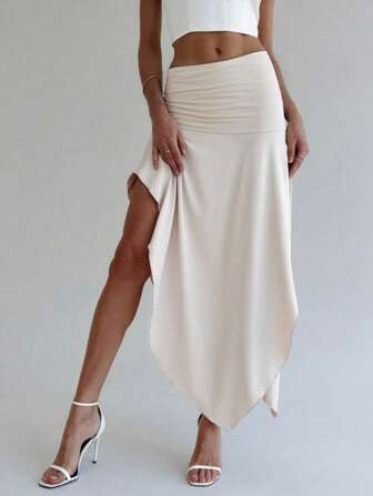 Women's Summer Solid Color Asymmetrical Hem Split Casual Skirt With Tie Waist, Relaxed Fashion Long Skirt Suitable For Daily Wear, Music Festivals, Rock