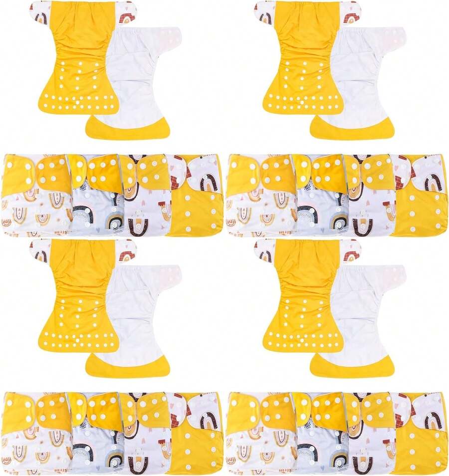 HappyFlute 9 Sets Newborn Baby Cloth Pocket Diapers Adjustable Reusable For Baby Boys And Girls(6-33 Pounds,0-3 Years),One Wet Bag+4Diapers And 4Inserts (AD10) - 黃色 - 查看 1