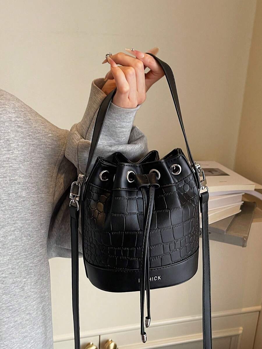 女士水桶包，时尚休闲编织单肩包，抽绳小手提包 - 黑色 - 查看 1