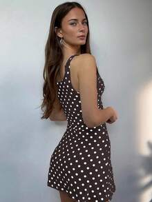 女士波尔卡圆点印花镂空系带时尚迷你连衣裙，优雅度假复古风格音乐节，修身紧身短裙，适合夏季 - 咖啡棕 - 查看 5