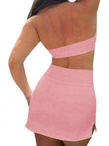 1 件女式运动迷你裙，高腰户外运动网球裙，紧身修身时尚罩衫 - 粉色 - 查看 4