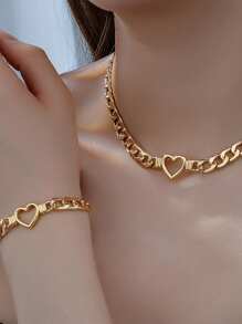 1 Stück Halskette + 1 Stück Armband mit Cut Out Herz Design in Goldkette, Schmuckset aus Zinklegierung, eleganter Freizeitstil, Geschenkidee für ein Date