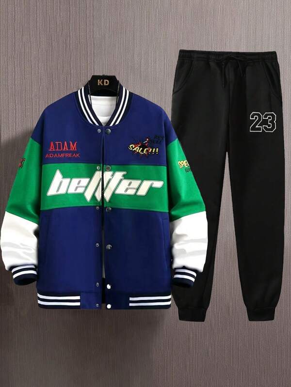 1 pieza Conjunto de cazadora de béisbol con bloques de color para hombre, cómoda y de moda, adecuada para salidas casuales