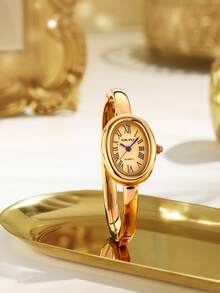 1pc Vintage Oval Women's Watch, Elegant Roman Numeral, Minimalist Retro Fashion High-End, Suitable For Daily Wear, High-Quality Bangle Style Watch - Gold - View 3
