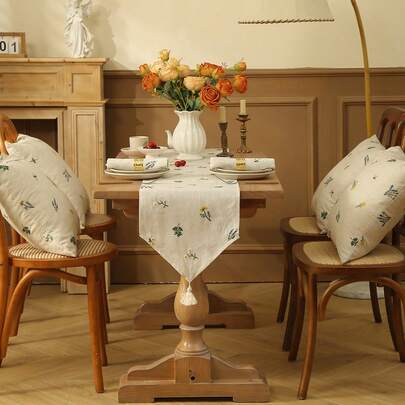 1 Peça Luxuosa Trilho de Mesa de Linho com Bordado de Espiga de Trigo e Borlas, Toalha de Mesa Retangular Creme em Estilo Fazenda para Decoração do Lar