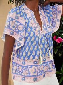 Women Boho Tops Flower Print Tie-Up Tassel V Neck Short Flutter Sleeve Shirts Casual Summer Streetwear - Màu xanh lam - Xem 4