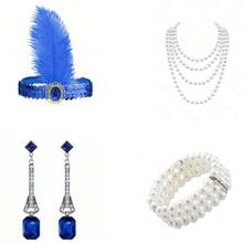 4 件套 1920 年代轻佻女郎头饰新娘婚礼派对发饰、头带、发夹、手套派对服装装饰女士万圣节 - 彩色 - 查看 10