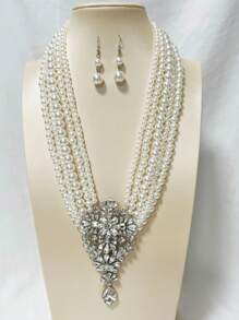 1 Set elegantes koreanisches Stil funkelndes Strass- & Perlen-Mehrschicht Halsketten- & Ohrringe Set, luxuriöser Retro Formeller Kleid Schmuck für Bühne, Party, Feiertage, Alltag