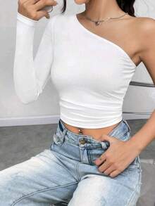 Women's Cropped Top T-Shirt Blouse With One-Shoulder Neckline Suplex Fabric Ideal For Going Out On Casual Romantic Elegant And Sophisticated Dates - 白色 - 查看 6