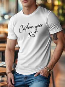 Personalized Text Customized Men's T-Shirt, Input Your Text/Blessing/Fun Message/Wishes, Black Tee, Holiday Gift, Valentine's Day/Birthday/Anniversary Custom Text, Team Building Uniform, Music Festival, Gift For Him, Party Wear, Spring/Summer Men's Black Crew Neck Short Sleeve T-Shirt, Gift For Him, Valentine's Day Gift - White - View 1
