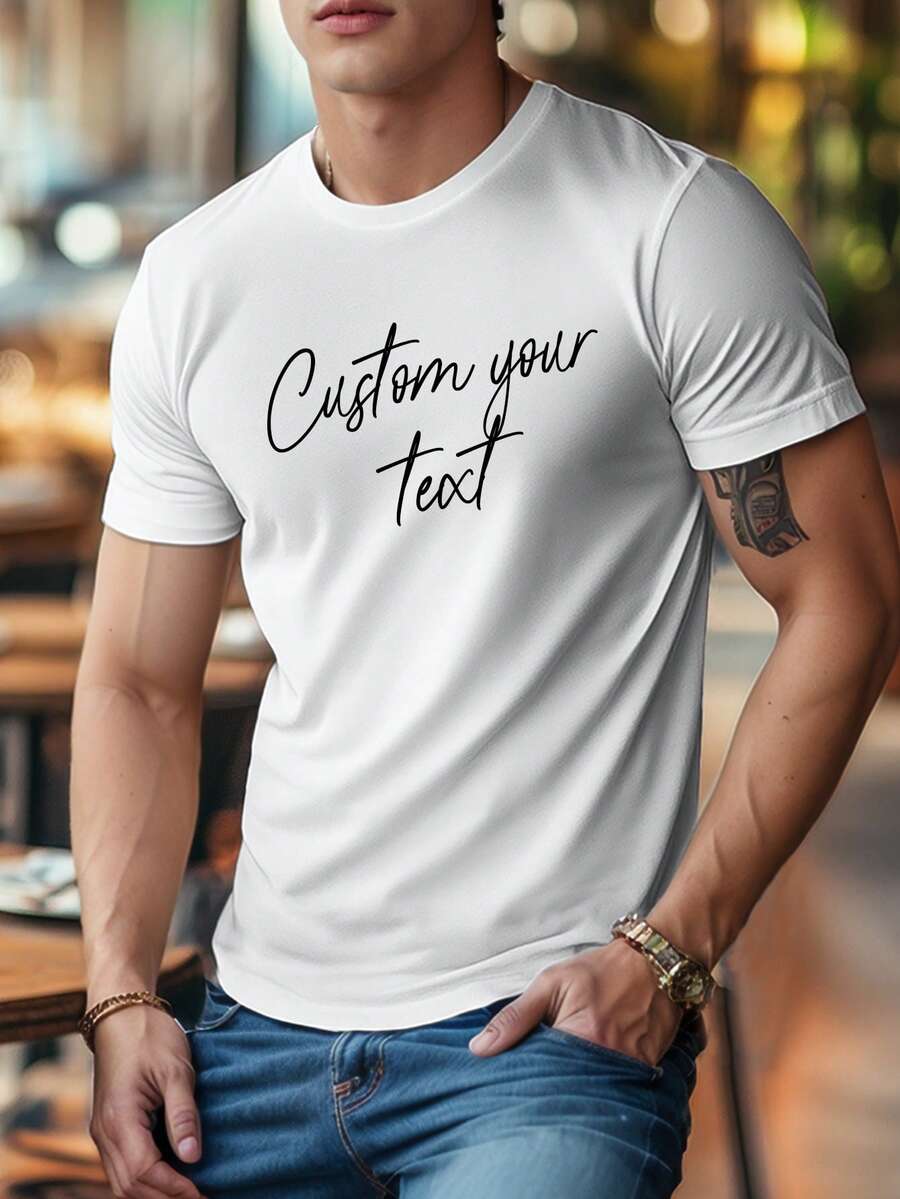 Personalized Text Customized Men's T-Shirt, Input Your Text/Blessing/Fun Message/Wishes, Black Tee, Holiday Gift, Valentine's Day/Birthday/Anniversary Custom Text, Team Building Uniform, Music Festival, Gift For Him, Party Wear, Spring/Summer Men's Black Crew Neck Short Sleeve T-Shirt, Gift For Him, Valentine's Day Gift - White - View 1