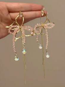 1 Pair Pink Crystal Butterfly Tassel Long Earrings, Unique Design Elegant Everyday Accessory