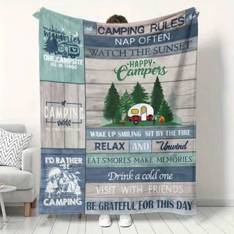 柔软舒适的法兰绒露营毯 - 防过敏轻质四季毯，采用露营规则设计，松树和房车图案，非常适合房车旅行、床上用品装饰、露营爱好者的礼物