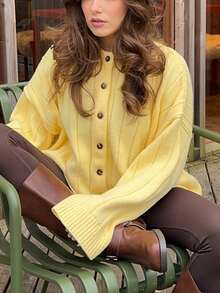 1pc Women Solid Color Versatile & Comfortable Knit Cardigan Sweater, Loose Fit, Long Sleeve - 黃色 - 查看 3