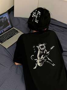 200g Pure Cotton T-Shirt 2025 Summer Ladies New Short Sleeve Pure Cotton Holiday Pattern Short Sleeve Round Neck Couple Wear Small Shirt Tops - 黑色 - 查看 2