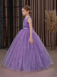 Tween Girl Sequin Bow Tulle Princess Dress, Elegant Party Gown Suitable For Girls Birthday Party, Prom, Wedding, Bridesmaid, Flower Girl Dress For Important Celebrations