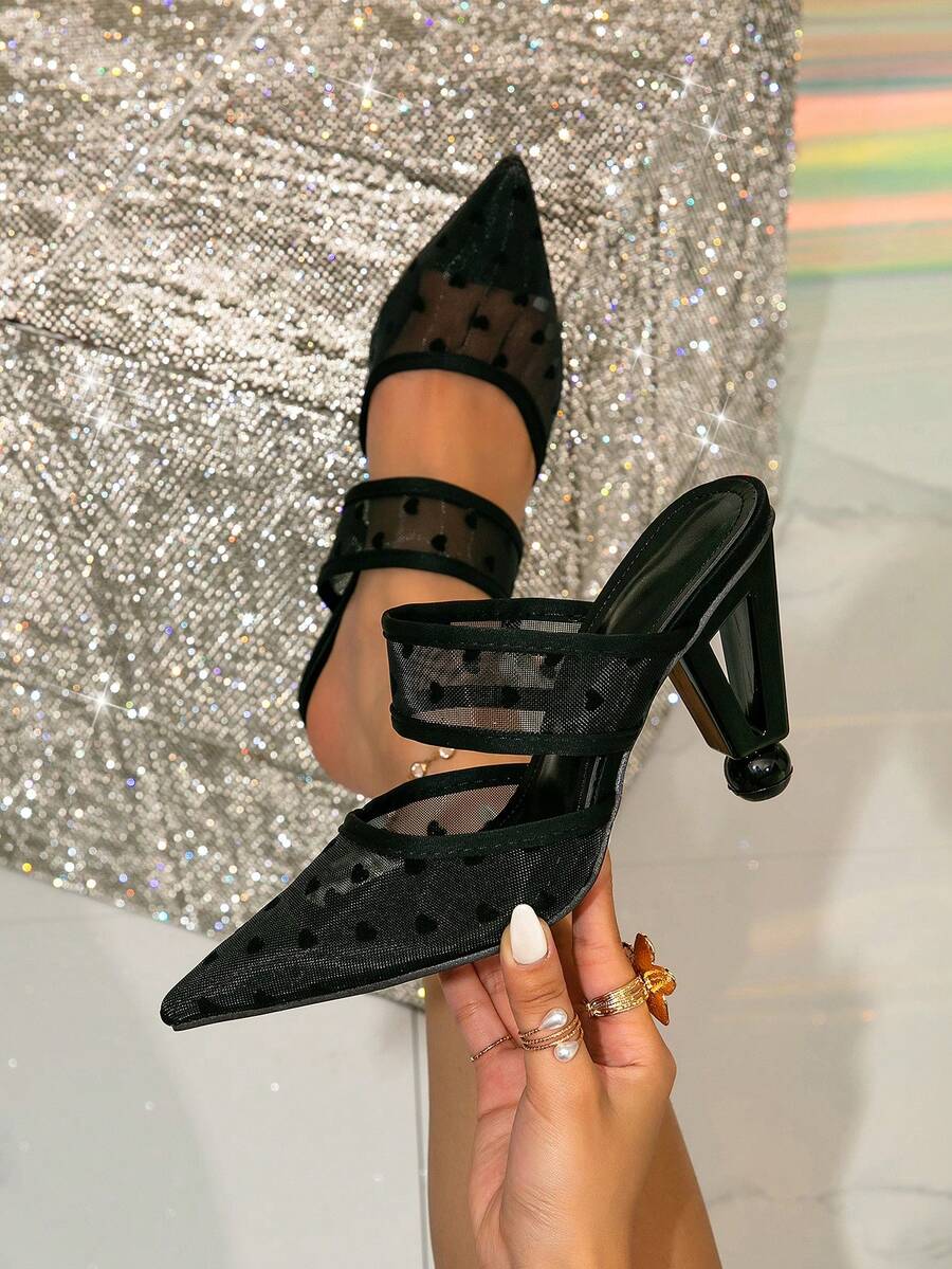 1 双优雅高跟鞋，网眼嵌件，尖头，适合四季户外穿着