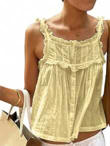 Women Summer Tank Tops Casual Lace Patchwork Buttons Sleeveless Shirt Basic Vest Aesthetic Clothes for Streetwear - Amarillo - Ver 6