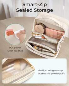 Neceser de viaje de gran capacidad, organizador portátil de maquillaje de gran apertura para mujer, ideal para artículos esenciales de viaje, artículos de tocador, accesorios, botellas y broc - 1 - Ver 4