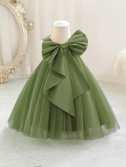 Baby Girls Green Bow Christmas Party Dress, Elegant Princess Tulle Dress, Suitable For Girls' 1st Birthday Gift, Party, Banquet, Holiday Celebration
