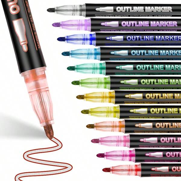 Double Line Outline Pens, Highlighter Pen Self-Outline Metallic Markers Glitter Writing Drawing Pens For Card Writing, DIY Art Crafts Gift School Supplies, Back To School