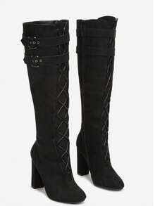 Vintage elegante Overknee-Stiefel mit verstellbarem Schnallenverschluss und spitzer Zehenpartie - Schwarz - Übersicht 2