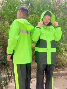 1 套优质加厚双层透气雨衣和裤子，骑行/徒步旅行，带帽，反光条，防水 - 綠色 - 查看 11