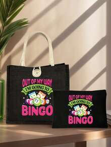 Billiards Lottery Theme Handbag Set, Bingo Ladies Handbag And Wallet Set, Includes Handbag And Coin Purse, Large Capacity Women's Bag, Fabric Material, Washable, Lined, Casual Shoulder Design, Printed With "I Want To Play Bingo" Slogan, Lottery Themed. - Multicolor - View 12