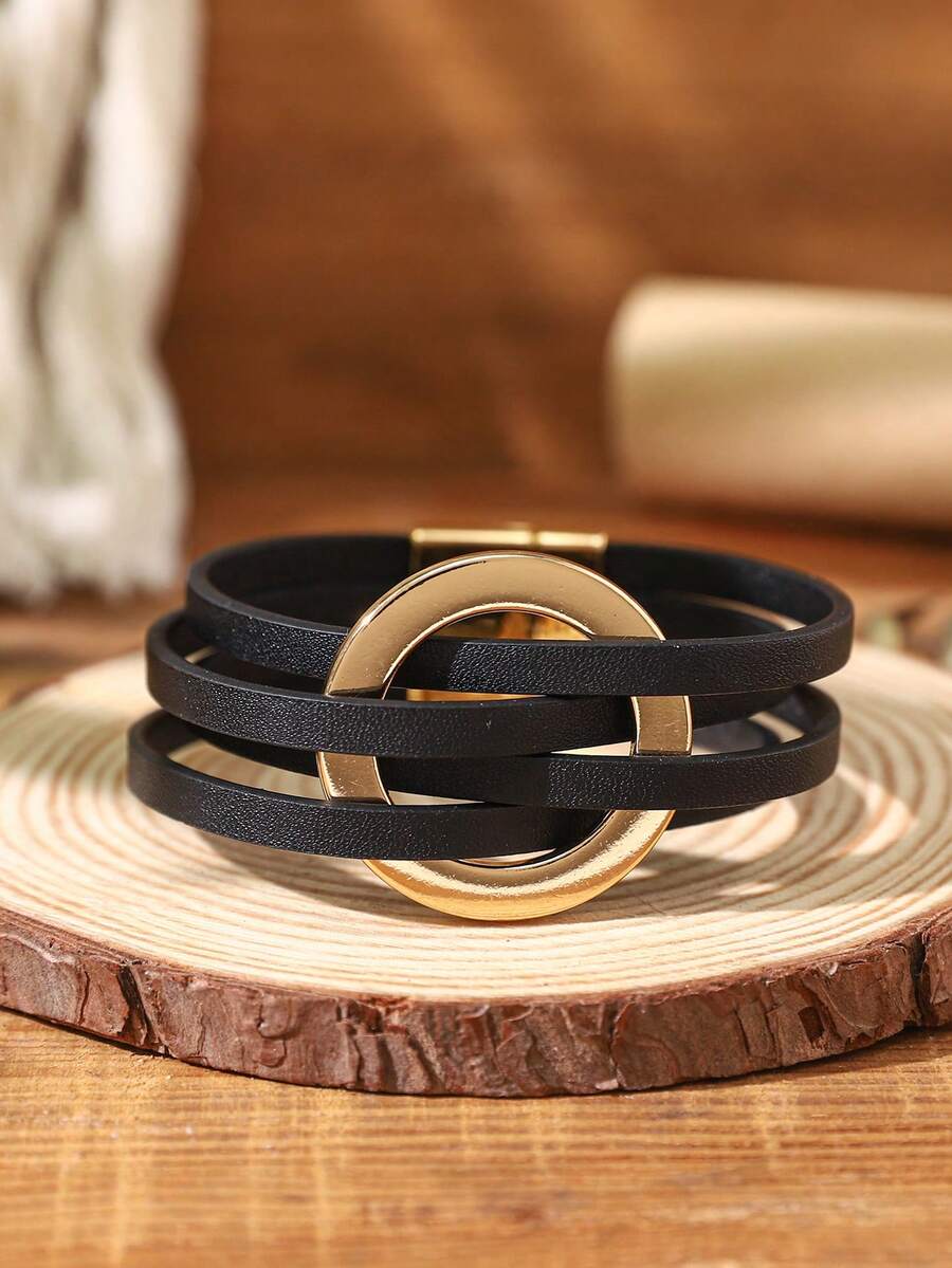 1 Pc Women Simple Leather Strap Crossed Bracelet - Fashionable Everyday Multifunctional Summer Vacation Boho Style Bracelet, Beach Holiday Travel Essential, Stackable, No Gift Box - Blue - View 1