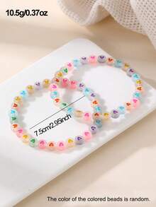 2pcs/Set Girls Neon Green Heart-Shaped Beaded Anklet Set - Multicolor - View 5