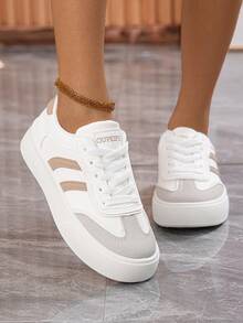 女士 2025 年春夏休闲运动鞋 - 轻质 PU 外层低帮鞋，透气面料衬里，柔软橡胶鞋底和条纹设计，适合学校、办公室、休闲装 - 卡其色 - 查看 3