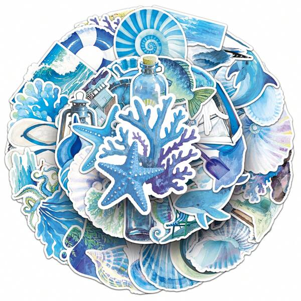 50PCS Blue Ocean Stickers Vinyl Aesthetics Stickers For Scrapbooking, Diary, Laptop, Bumper, Skateboard, Water Bottle, Computer, Phone, Cartoon, Hard Hat, Car Stickers And Decals