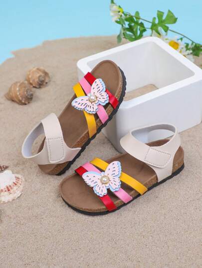 Girls' Summer Fashionable Flat Sandals, Soft Cork PU Anti-Slip Round Toe Casual Beach Slippers, Colorful Strap With Butterfly Decor, Cute & Sweet, Suitable For Girls Summer Outings And Parties