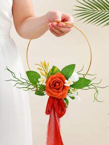 1件金属花环，适用于婚礼新娘、伴娘手持丝绸花环、新娘手持仿真玫瑰花束、西式户外婚礼伴娘手持仿真花环、婚礼仿真、人造花环、户外婚礼手持花环、摄影道具、婚纱配饰、情人节配饰 - 彩色 - 查看 22