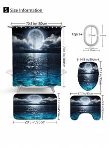 1 pièce/4 pièces Ensemble de salle de bain motif lac sous clair de lune avec rideaux de douche multifonctions (12 crochets), tapis de bain, tapis en U, housse de siège de toilette ronde, adapté à tous les scénarios, rentrée scolaire
