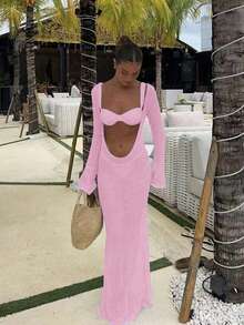 FOR BEAUTY Women's New Arrival Spring/Summer: Peach Pink Fitted Waist Hollow-Out Deep V-Neck Knit Maxi Dress, Suitable For Beach, Seaside, Swimming - Light Peach Pink - View 4