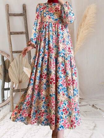 Women's Printed Long Sleeve Muslim Dress Casual Dubai Robe