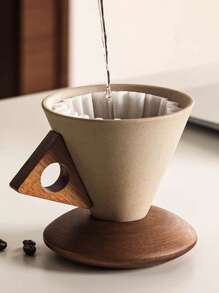 CEEFU Pottery Coffee And Tea Cup With Wood Saucer, Best For Latte, Cappuccino, Tea Or Espresso