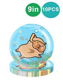 10 件水豚生日派对装饰 - 可爱卡通水豚派对餐具套装包括一次性纸盘和餐巾，男女生日派对装饰用品，适合夏季海滩派对、家庭泳池派对、户外派对，