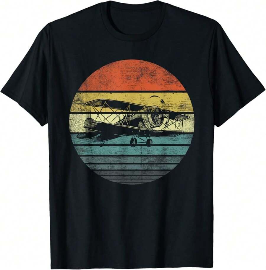 Aviator Pilot Gifts Funny Retro Bi-Plane Airplane Aviation Washed T-Shirt - Black - View 1